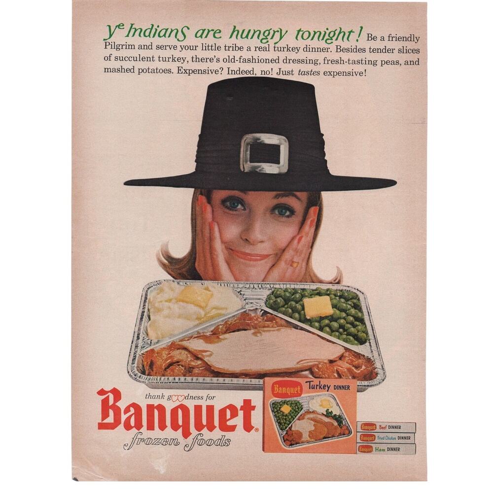 Banquet Frozen Food Advertisement Vintage 1960s Pilgrim Thanksgiving Turkey
